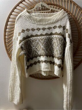 Aakaa Ivory & Olive Fair Isle Cropped Crewneck Sweater